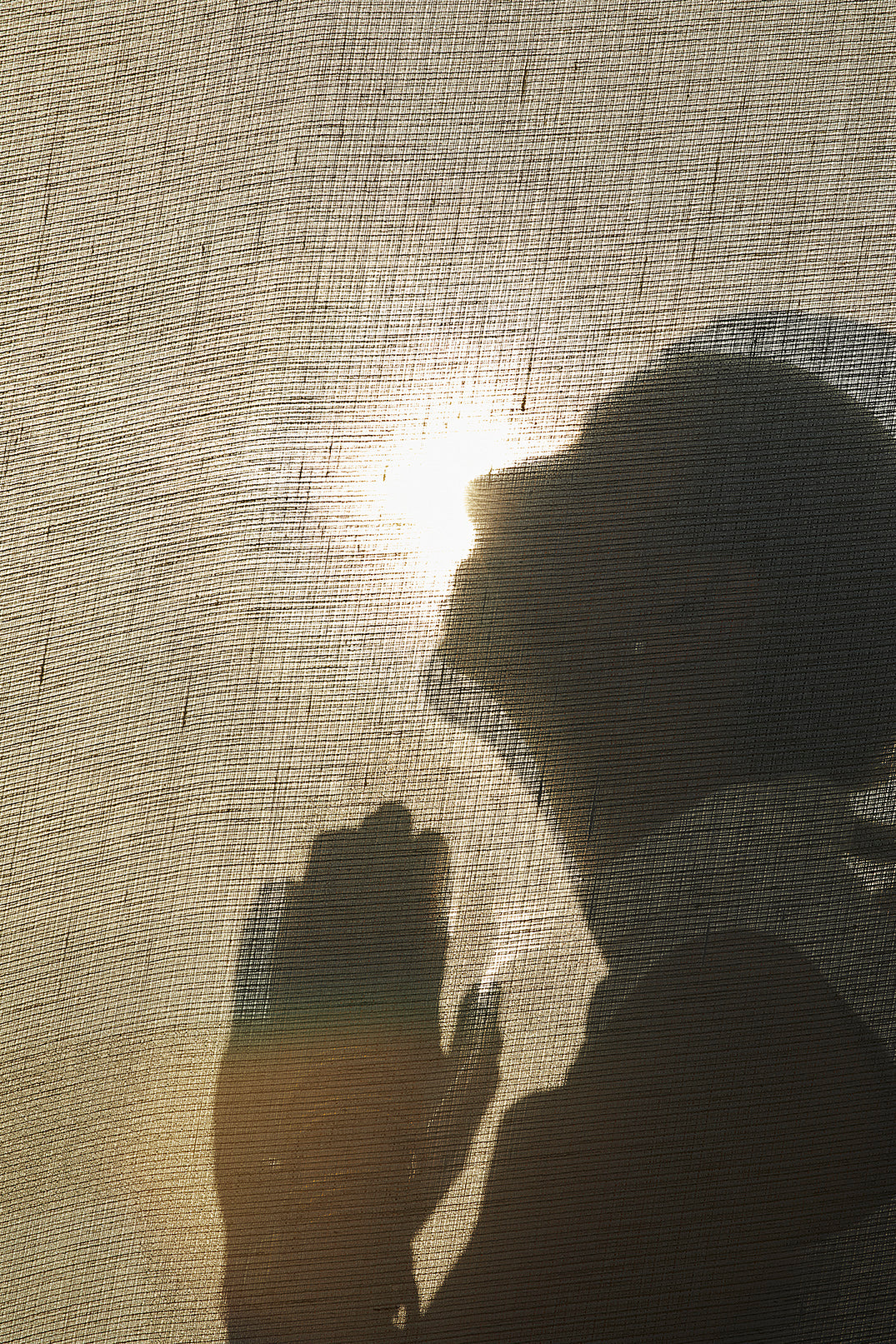 Person's sits, praying, silhouetted behind a linen cloth. 